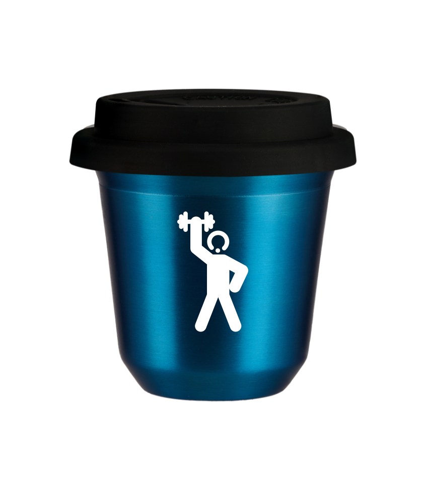 Cup 80 ml METALLIC BLUE "Strongman 2 (white)", with black lid