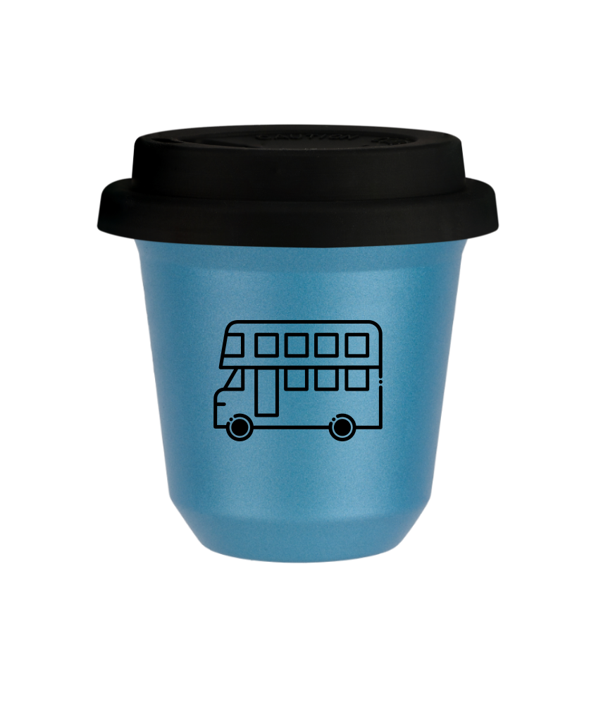 Kubek 80 ml BŁĘKITNY METALIC "Autobus", z czarną pokrywką