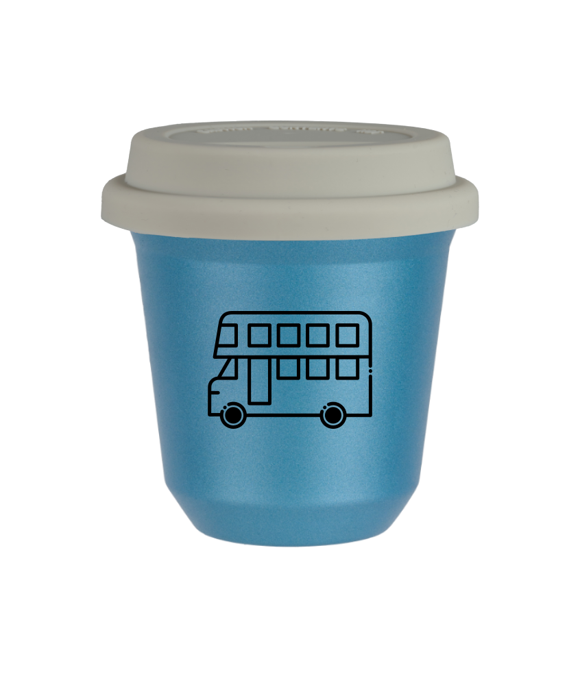 Kubek 80 ml BŁĘKITNY METALIC "Autobus (czarny)", z białą pokrywką