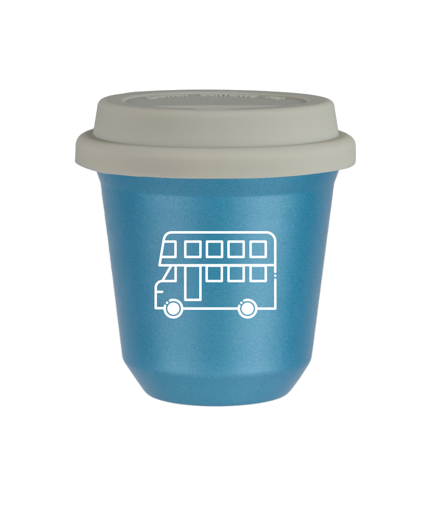 Kubek 80 ml BŁĘKITNY METALIC "Autobus (biały)", z białą pokrywką