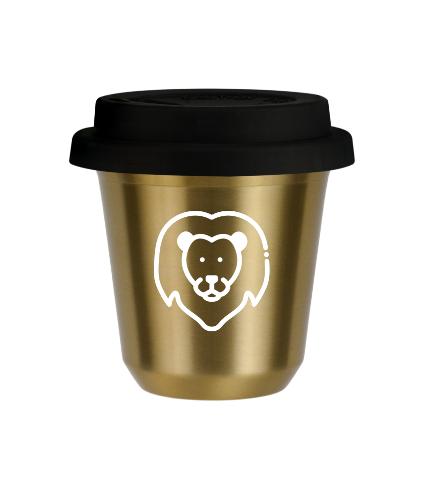 Cup 80 ml GOLD "Leo (white)", with black lid