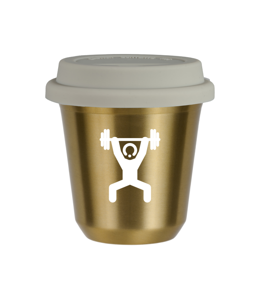 Cup 80 ml GOLD "Strongman 1 (white)", with white lid