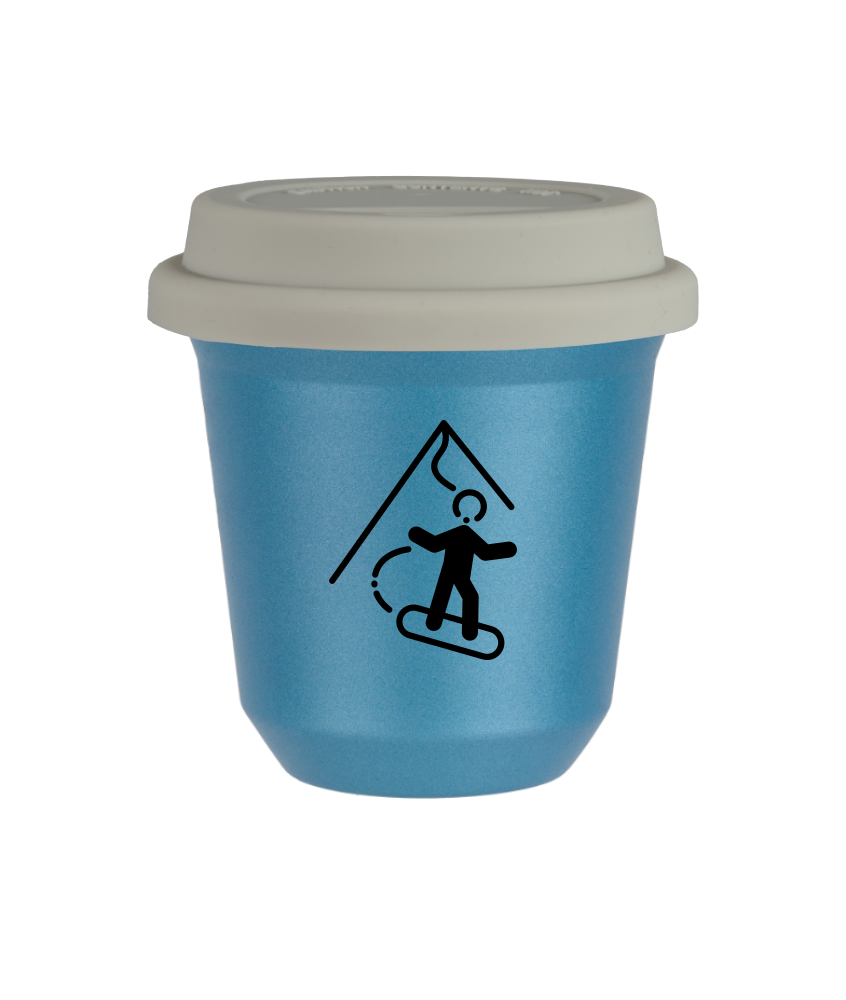 Kubek 80 ml BŁĘKITNY METALIC "Snowboard (czarny)", z białą pokrywką