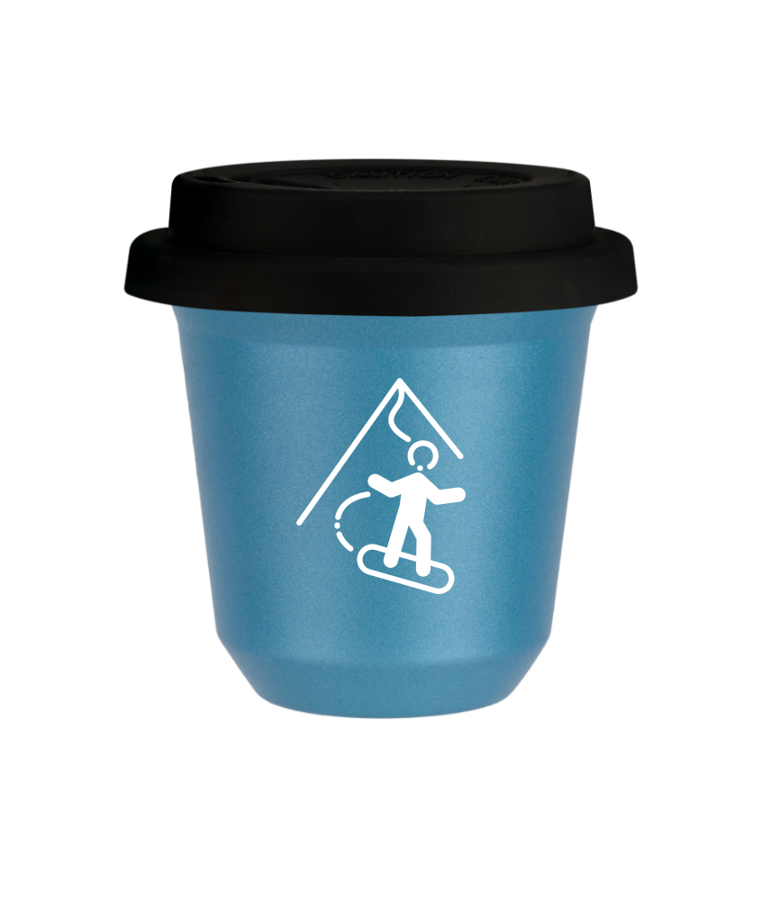 Kubek 80 ml BŁĘKITNY METALIC "Snowboard (biały)", z czarną pokrywką