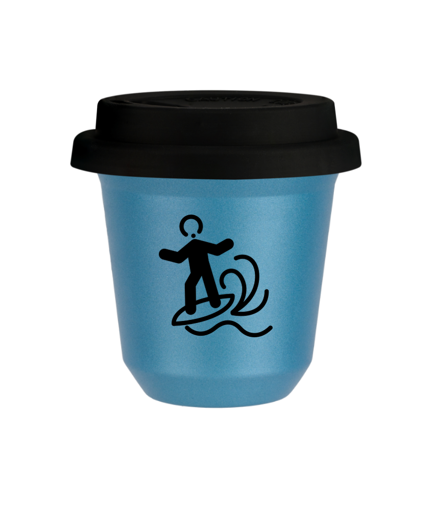 Kubek 80 ml BŁĘKITNY METALIC "Windsurfing", z czarną pokrywką