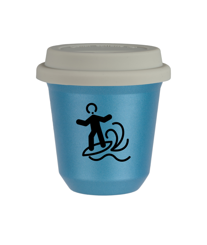 Kubek 80 ml BŁĘKITNY METALIC "Windsurfing", z białą pokrywką