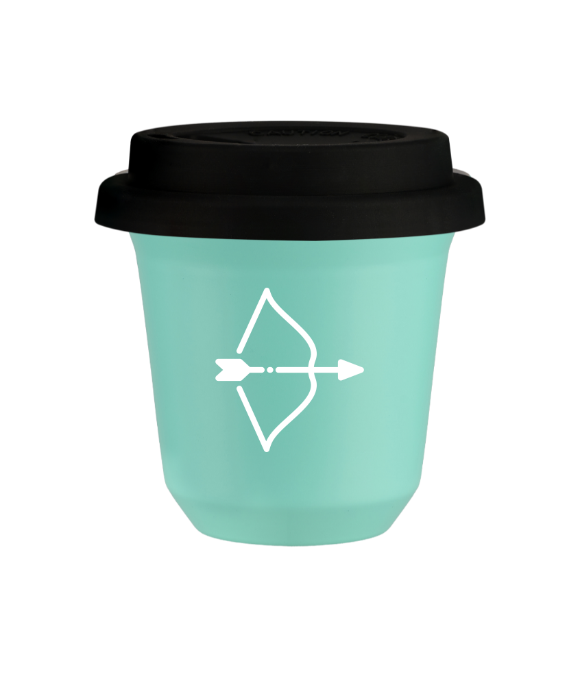 Cup 80 ml TURQUOISE "Sagittarius (white)", with black lid
