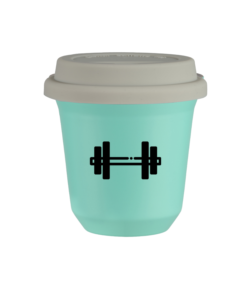 Cup 80 ml TURQUOISE "Barbell", with white lid