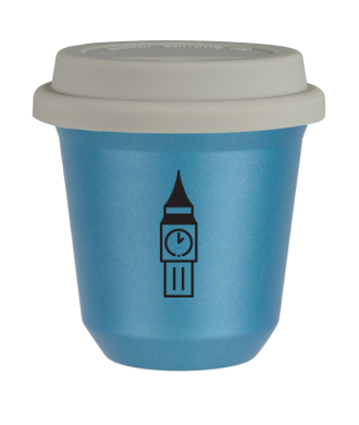Kubek 80 ml BŁĘKITNY METALIC "BIG BEN", z białą pokrywką Kubek 80 ml BŁĘKITNY METALIC "BIG BEN", z białą pokrywką