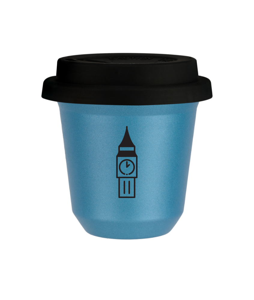 Kubek 80 ml BŁĘKITNY METALIC "BIG BEN (czarny)", z czarną pokrywką