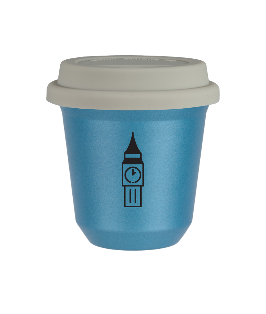 Kubek 80 ml BŁĘKITNY METALIC "BIG BEN (czarny)", z białą pokrywką