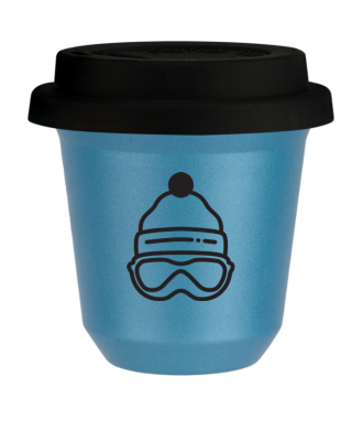 Kubek 80 ml BŁĘKITNY METALIC "Czapka (czarny)", z czarną pokrywką Kubek 80 ml BŁĘKITNY METALIC "Czapka (czarny)", z czarną pokrywką