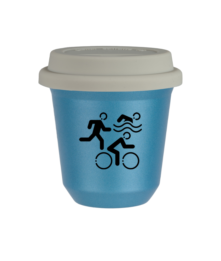 Kubek 80 ml BŁĘKITNY METALIC "Sporty (czarny)", z białą pokrywką
