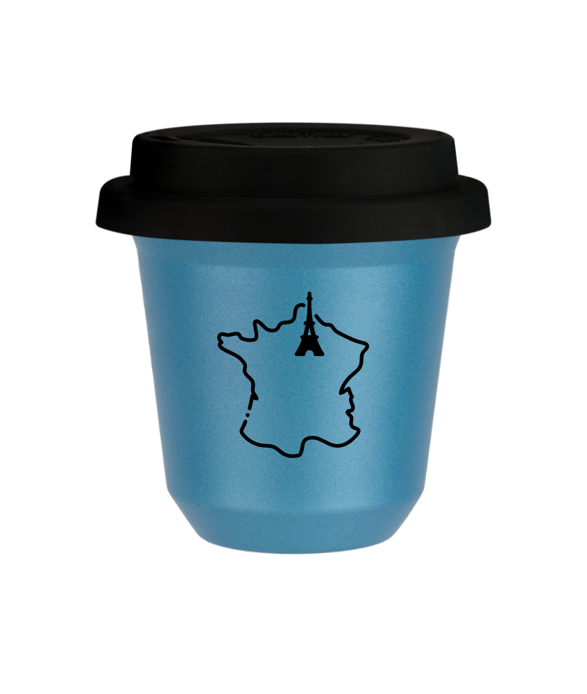 Kubek 80 ml BŁĘKITNY METALIC "Francja (czarny)", z czarną pokrywką