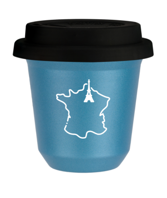 Kubek 80 ml BŁĘKITNY METALIC "Francja (biały)", z czarną pokrywką Kubek 80 ml BŁĘKITNY METALIC "Francja (biały)", z czarną pokrywką