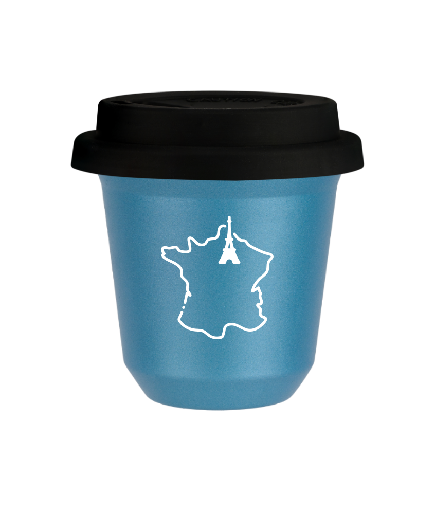Kubek 80 ml BŁĘKITNY METALIC "Francja (biały)", z czarną pokrywką