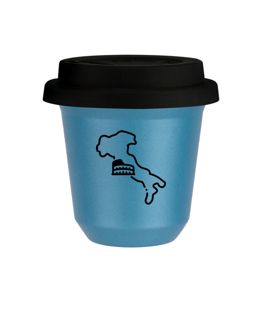 Kubek 80 ml BŁĘKITNY METALIC "Włochy (czarny)", z czarną pokrywką