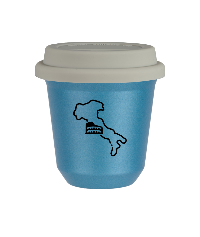 Cup 80 ml METALLIC LIGHT BLUE "Italy (black)", with white lid