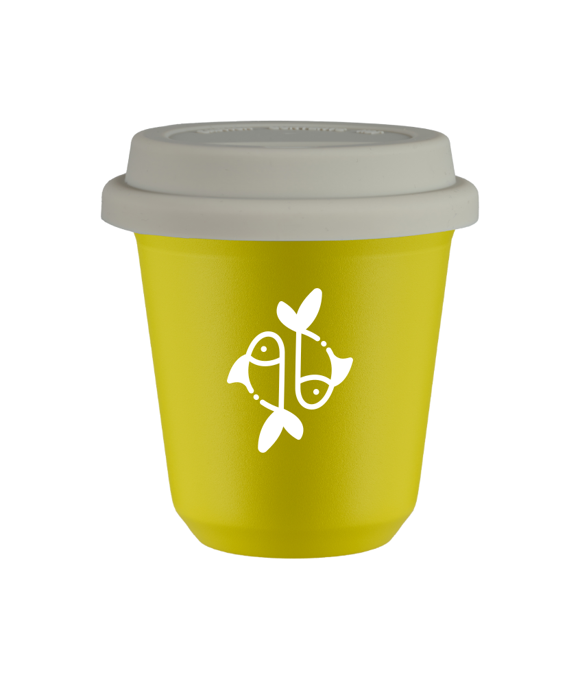 Kubek 80 ml ŻÓŁTY "Ryby (biały)", z białą pokrywką