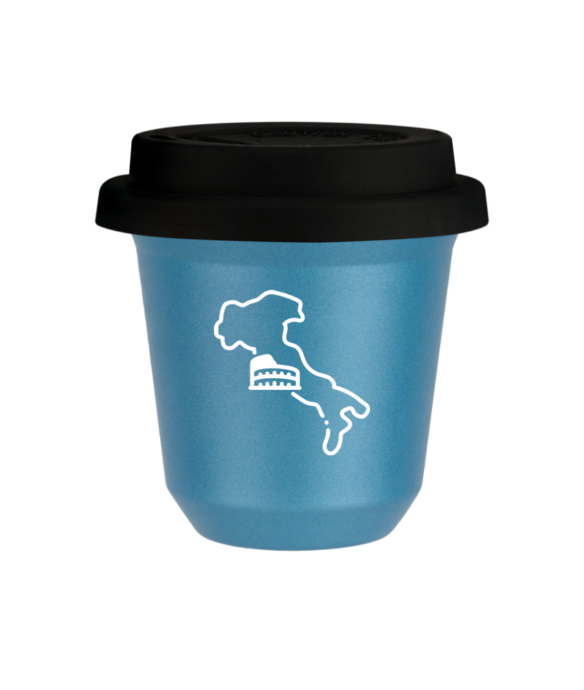 Kubek 80 ml BŁĘKITNY METALIC "Włochy (biały)", z czarną pokrywką