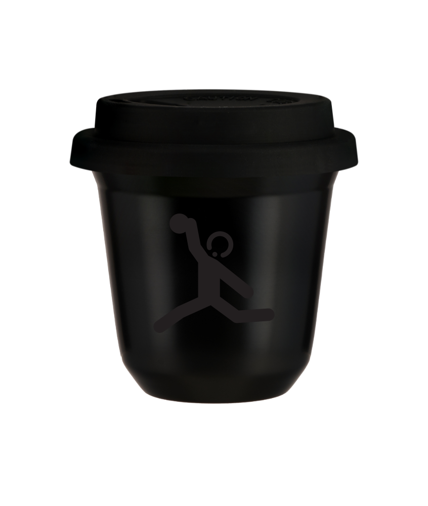 Kubek 150 ml CZARNY "Rzut dyskiem (czarny)", z czarną pokrywką