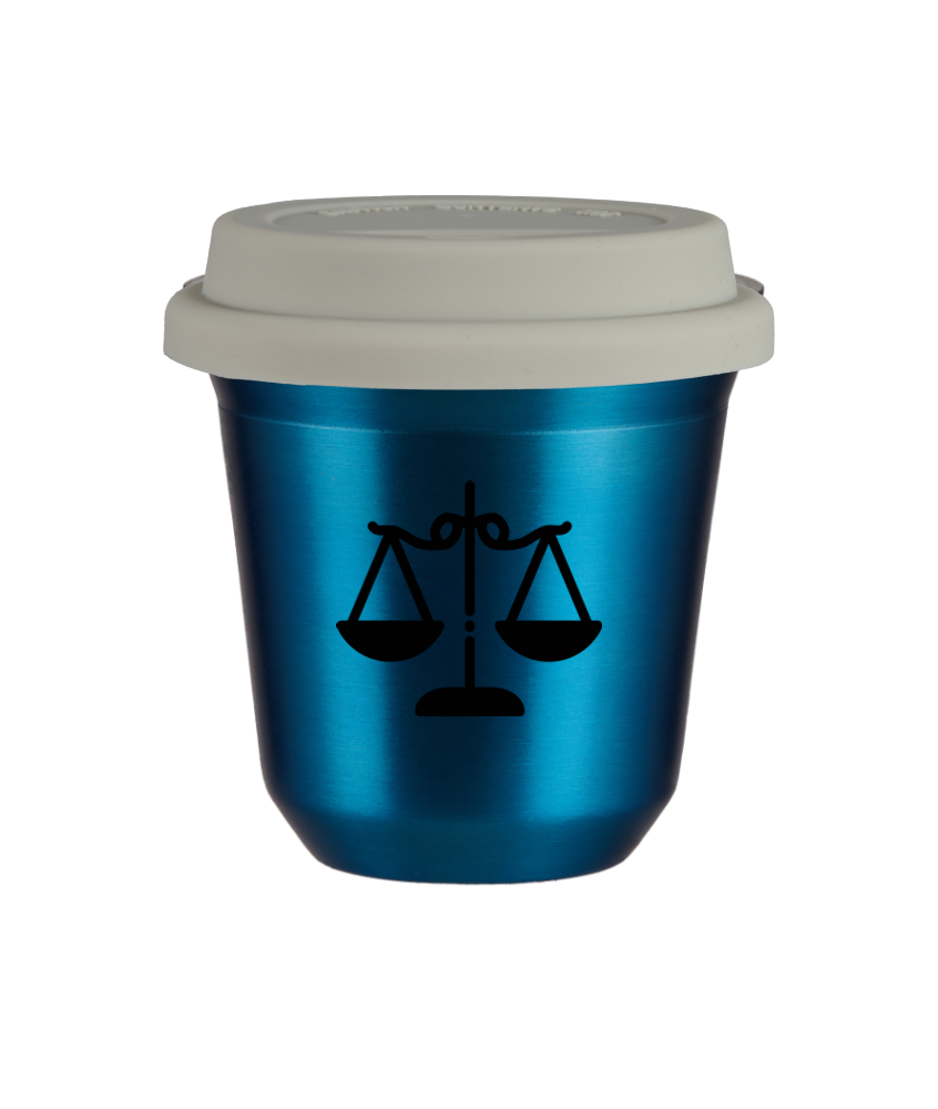 Cup 150 ml METALLIC BLUE "Libra (black)", with white lid
