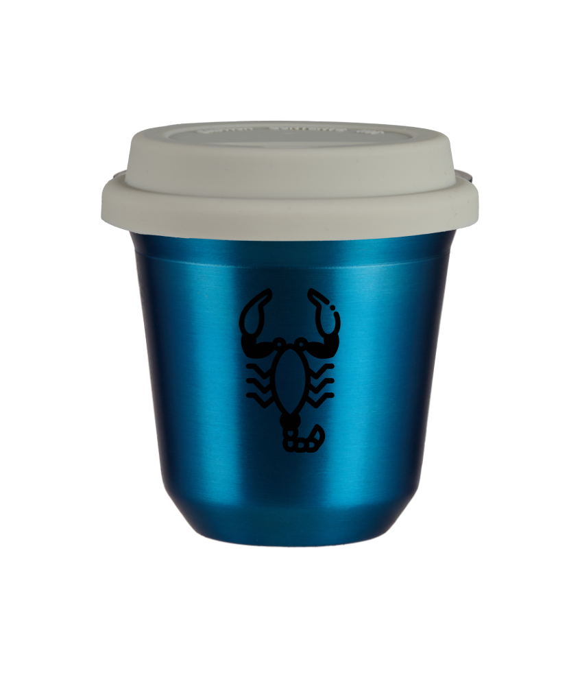 Cup 150 ml METALLIC BLUE "Scorpio", with white lid