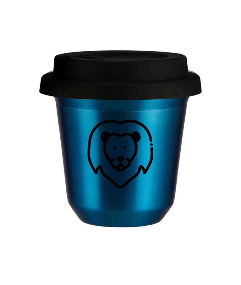 Cup 150 ml METALLIC BLUE "Leo (black)", with black lid