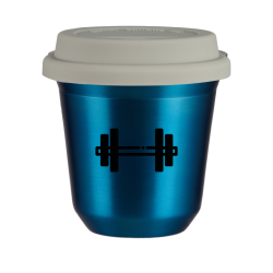 Cup 150 ml METALLIC BLUE "Barbell (black)", with white lid