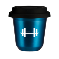 Cup 150 ml METALLIC BLUE "Barbell (white)", with black lid