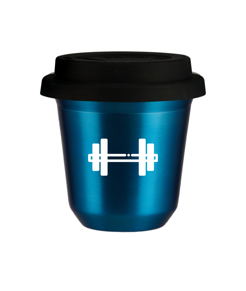Cup 150 ml METALLIC BLUE "Barbell (white)", with black lid