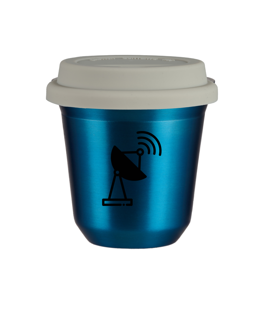 Cup 150 ml METALLIC BLUE "Antenna (black)", with white lid