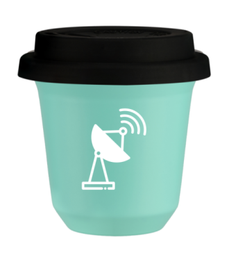 Kubek turkusowy 150 ml, ANTENA (bialy) z pokrywka czarna