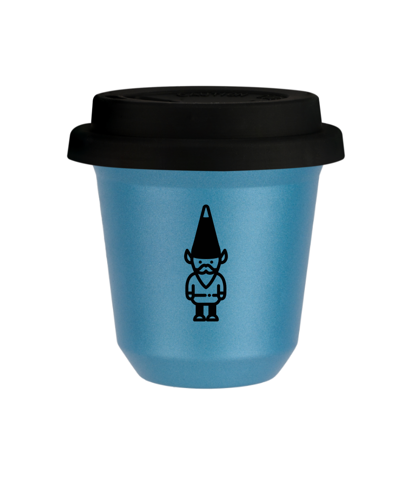 Kubek 150 ml BŁĘKITNY METALIC "Krasnal 1 (czarny)", z czarną pokrywką