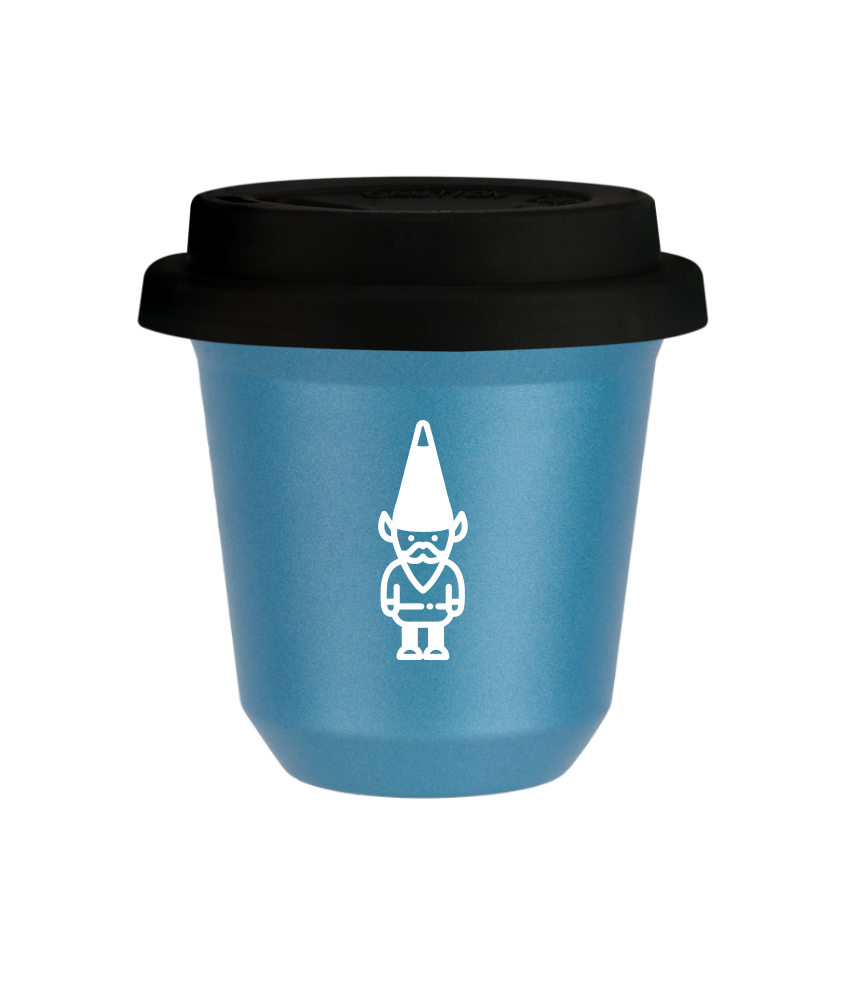 Kubek 150 ml BŁĘKITNY METALIC "Krasnal 1 (biały)", z czarną pokrywką