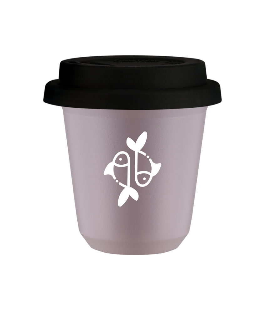 Kubek 240 ml LAWENDOWY "Ryby (biały)", z czarną pokrywką