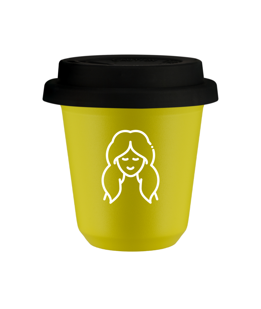 Cup 240 ml YELLOW "Virgo (white)", with black lid