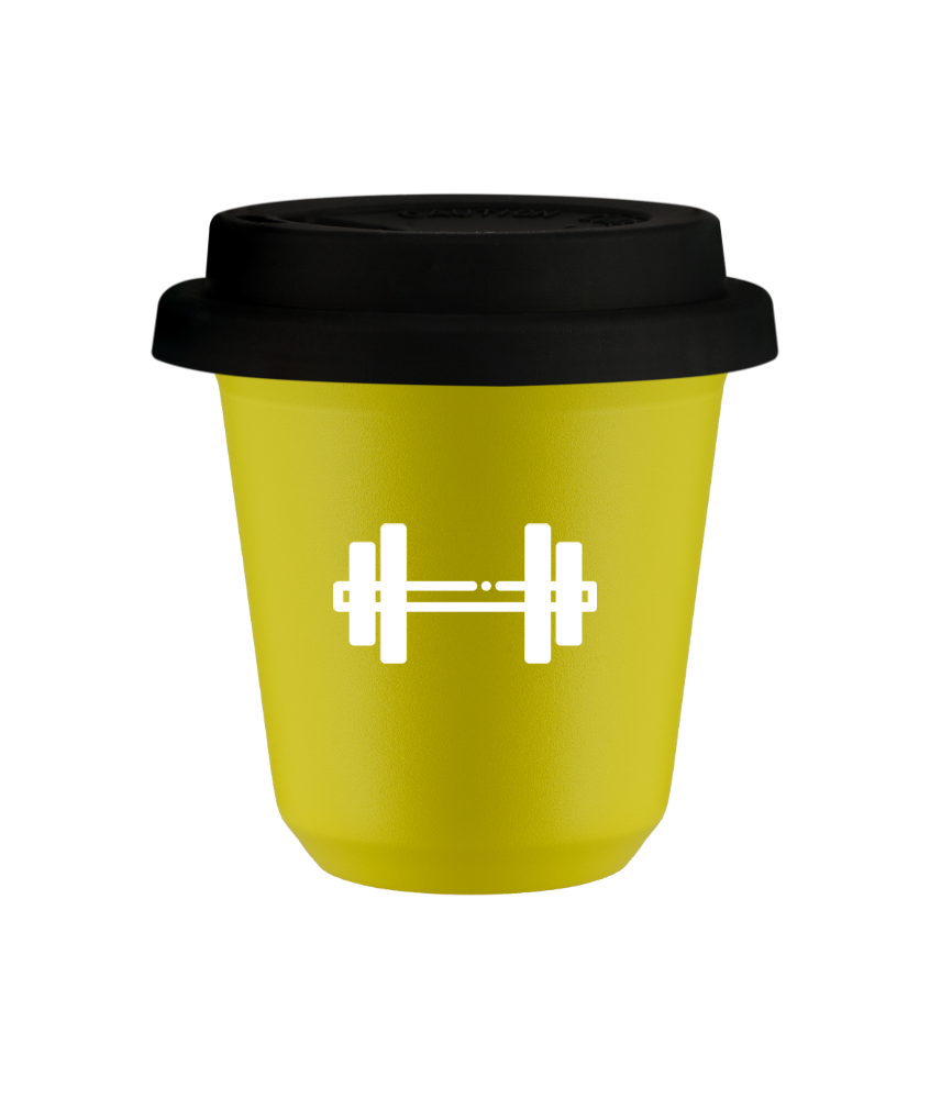 Cup 240 ml YELLOW "Barbell (white)", with black lid