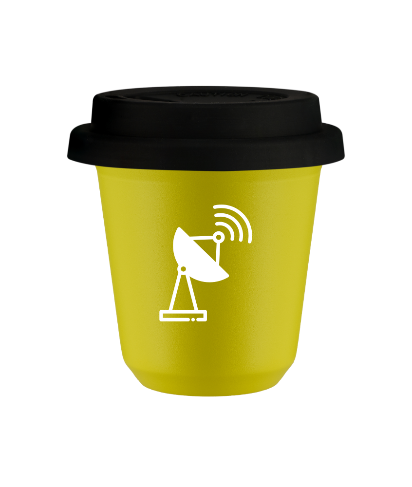 Kubek 240 ml ŻÓŁTY "Antena (biały)", z czarną pokrywką