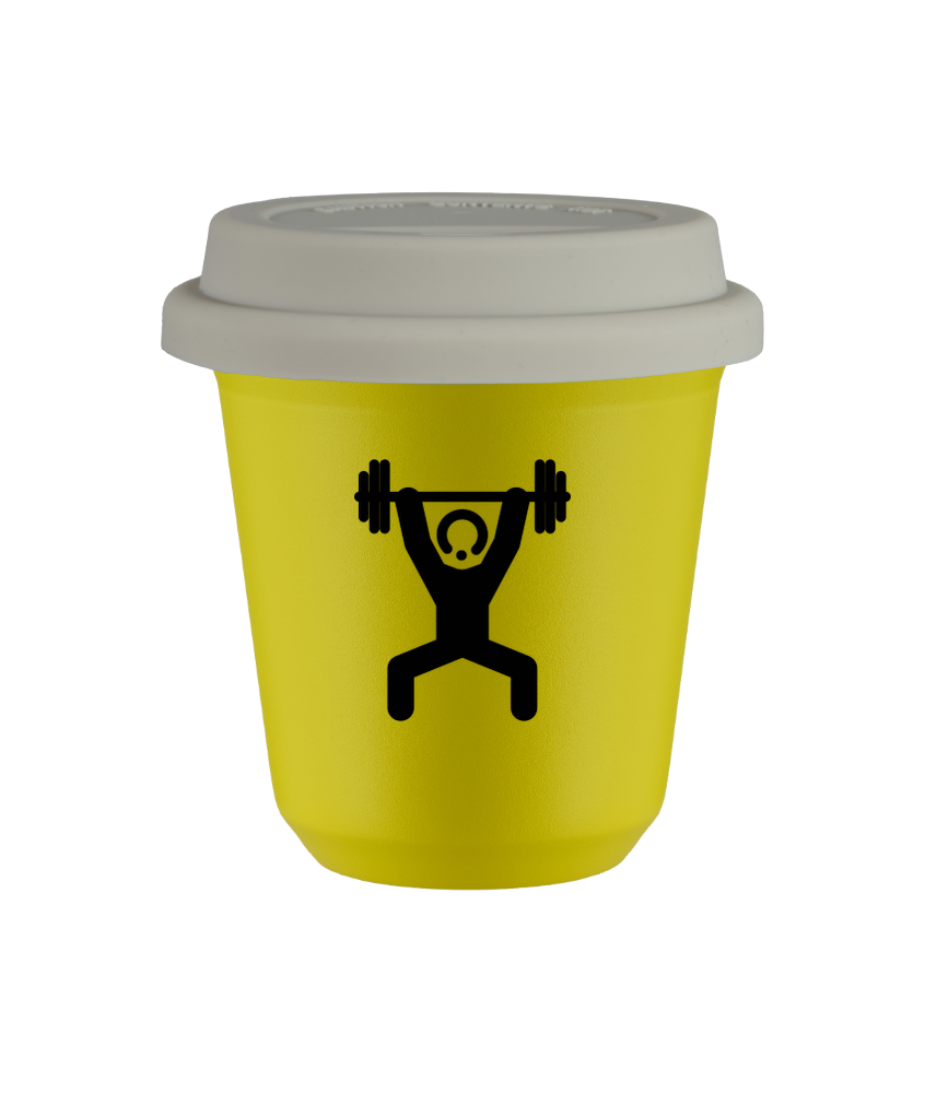 Cup 240 ml YELLOW "Strongman 1 (black)", with white lid