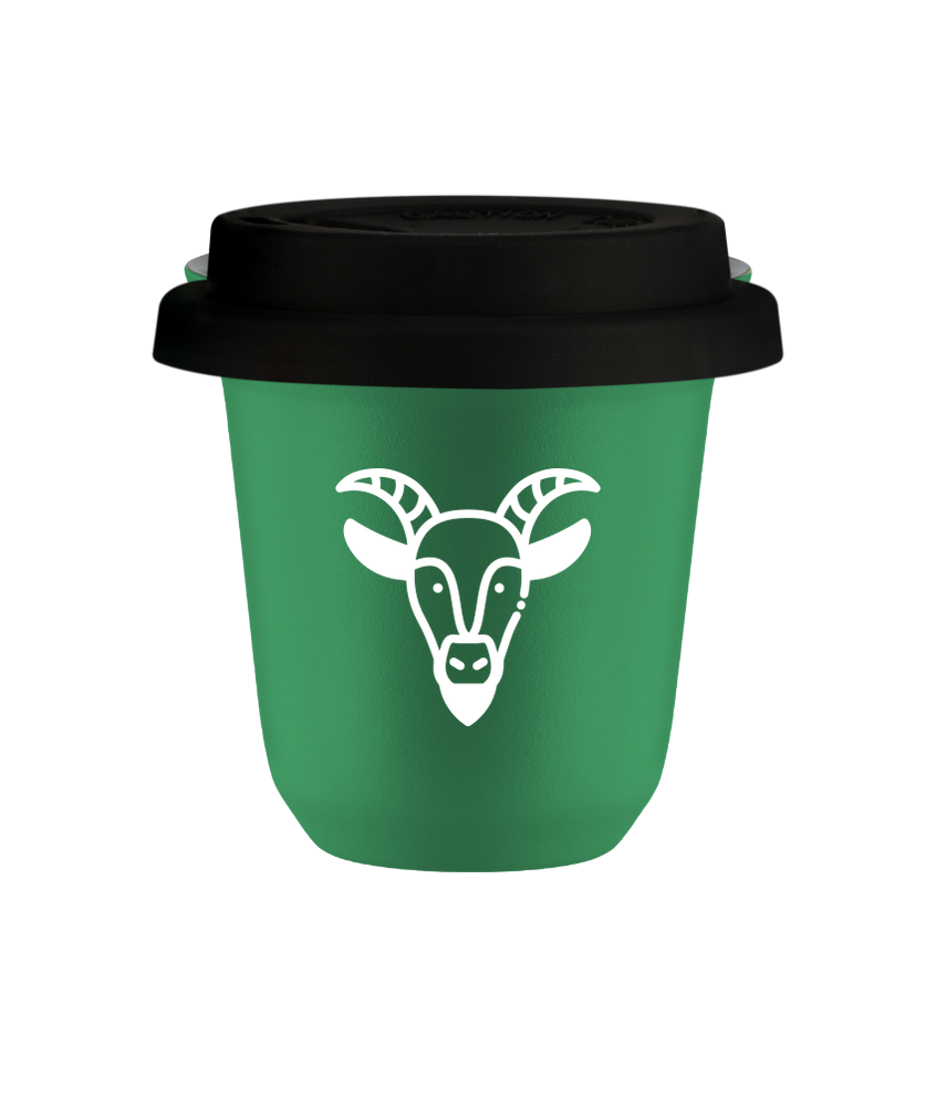 Kubek 150 ml ZIELONY "Koziorożec (biały)", z czarną pokrywką
