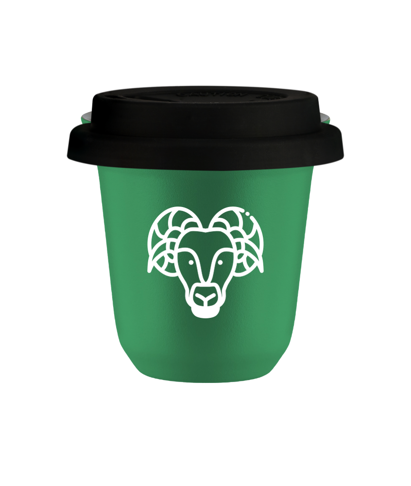 Kubek 150 ml ZIELONY "Baran (biały)", z czarną pokrywką