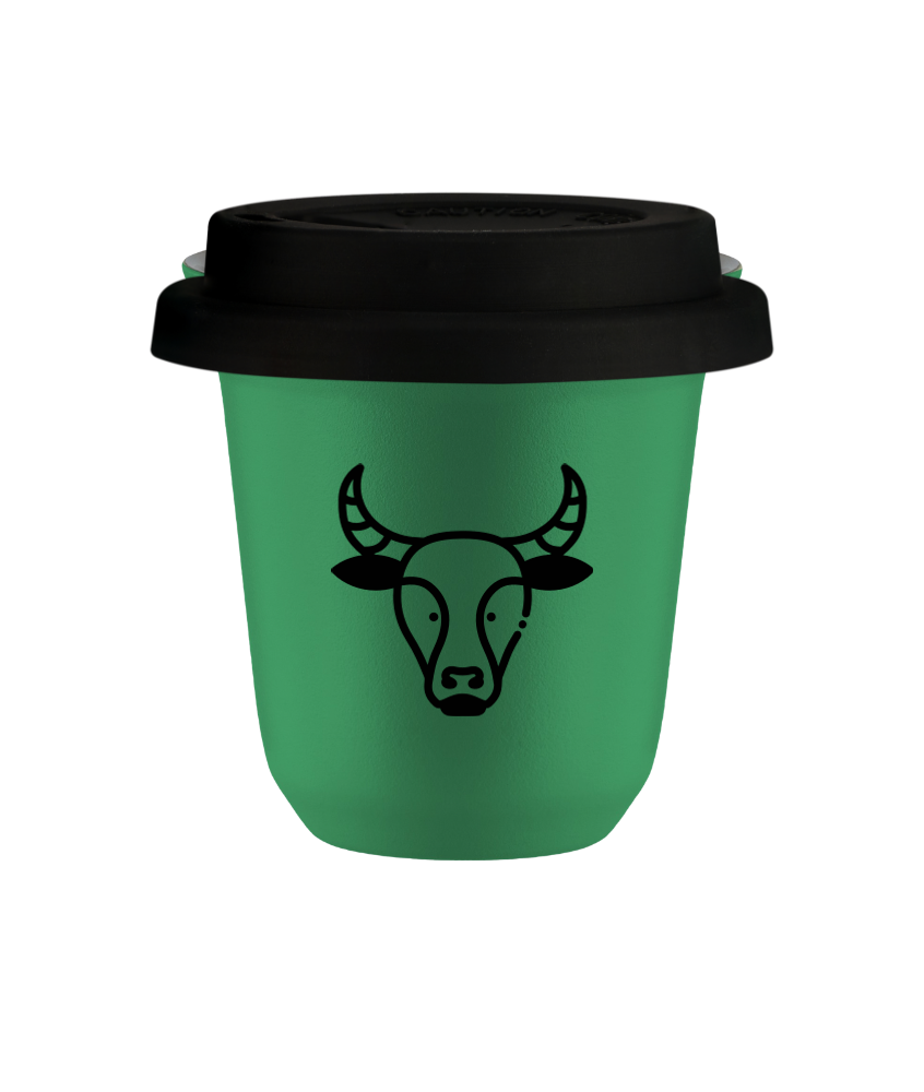 Kubek 150 ml ZIELONY "Byk (czarny)", z czarną pokrywką