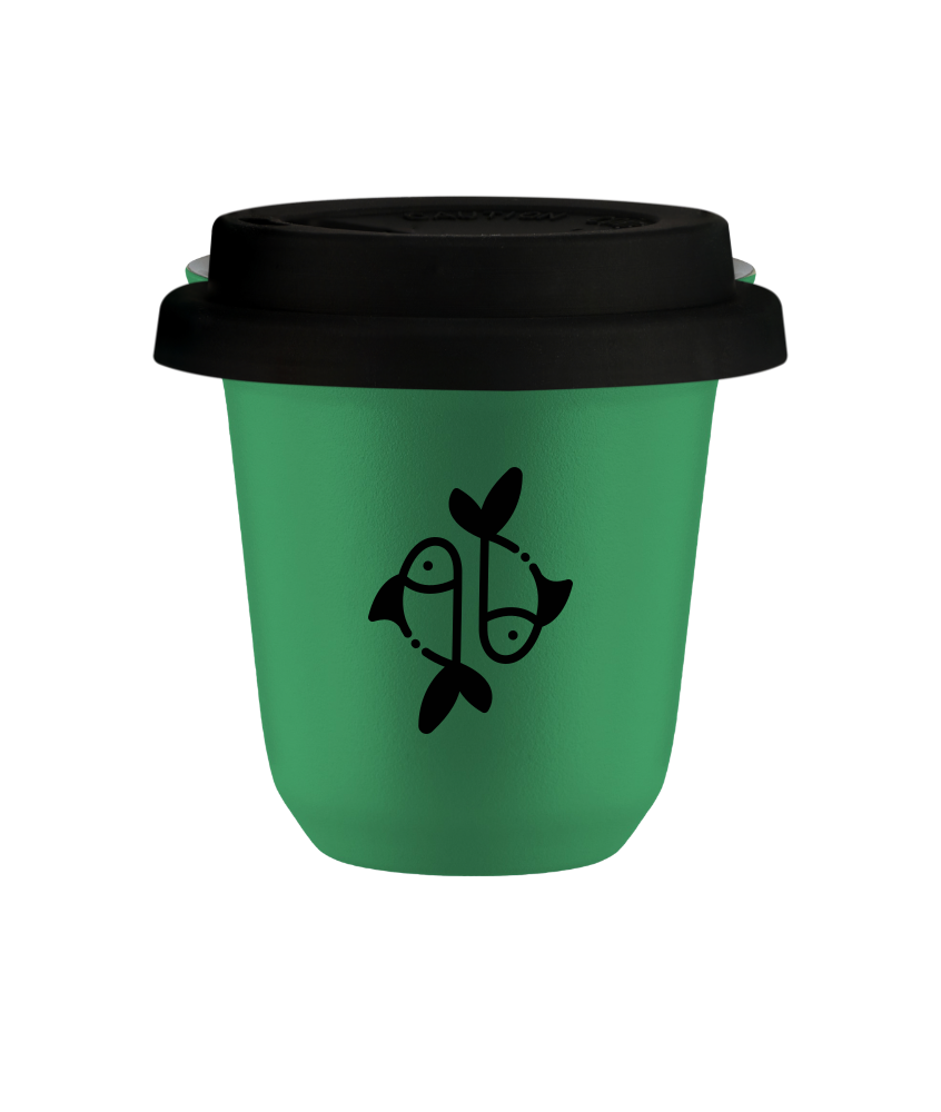 Kubek 150 ml ZIELONY "Ryby", z czarną pokrywką