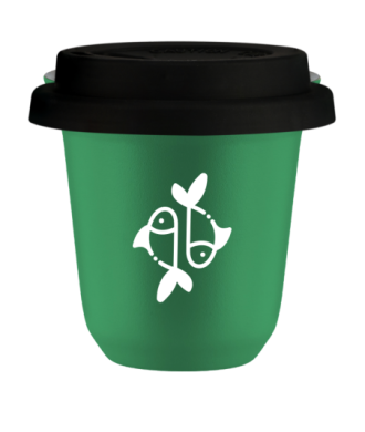 Kubek 150 ml ZIELONY "Ryby (biały)", z czarną pokrywką Kubek 150 ml ZIELONY "Ryby (biały)", z czarną pokrywką