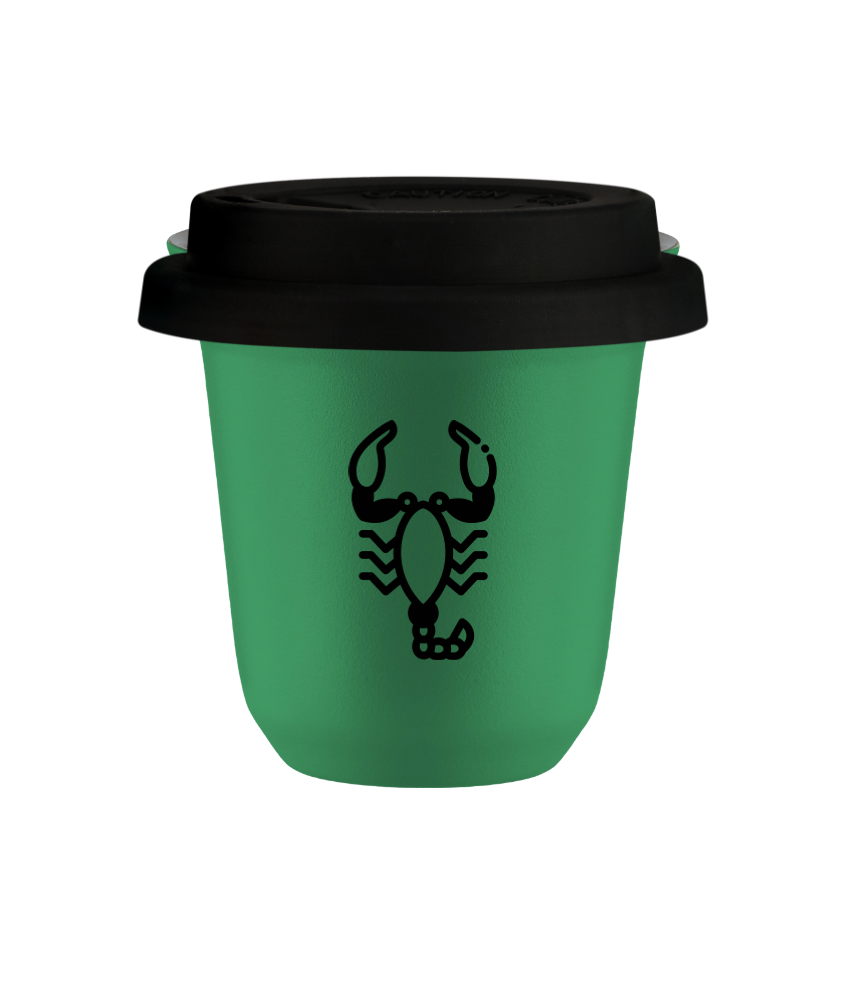 Kubek 150 ml ZIELONY "Skorpion (czarny)", z czarną pokrywką