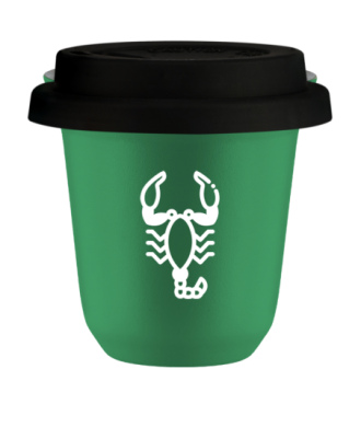 Kubek 150 ml ZIELONY "Skorpion (biały)", z czarną pokrywką Kubek 150 ml ZIELONY "Skorpion (biały)", z czarną pokrywką