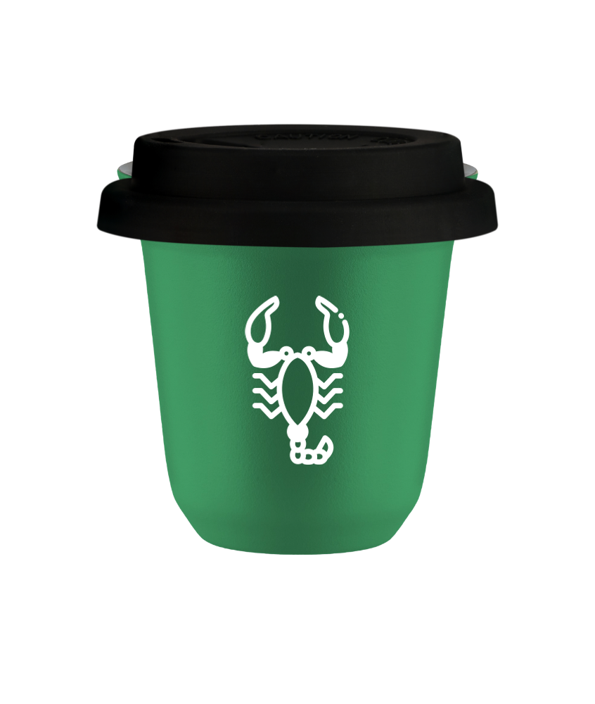 Kubek 150 ml ZIELONY "Skorpion (biały)", z czarną pokrywką