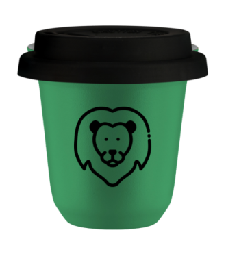 Kubek 150 ml ZIELONY "Lew", z czarną pokrywką Kubek 150 ml ZIELONY "Lew", z czarną pokrywką