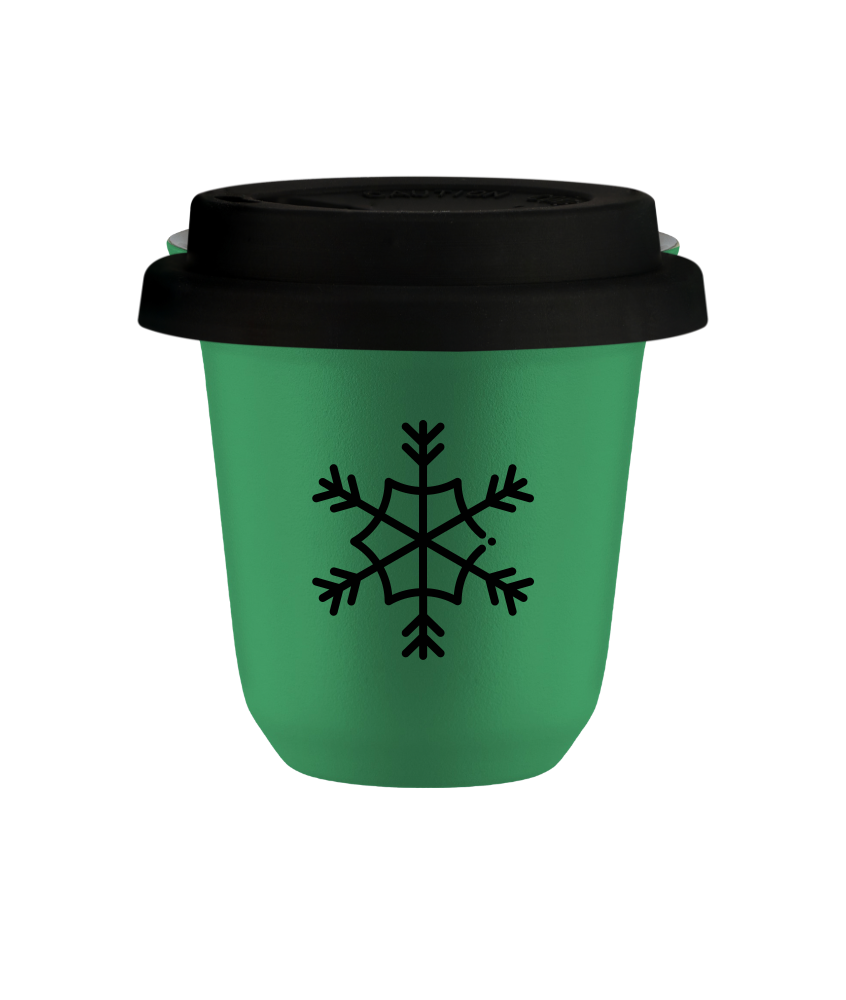 Kubek 150 ml ZIELONY "Śnieżynka (czarny)", z czarną pokrywką